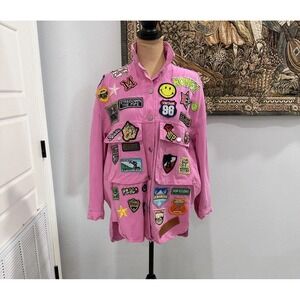Fashion House Jacket Womens Medium Pink Embroidered Patch Pockets Button Up
